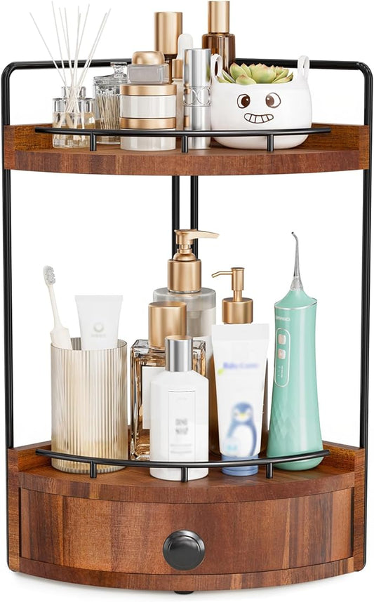 2-Tier Corner Bathroom Counter Organizer with Drawer & Embedded Screw Holes - Wooden Countertop Organizers for Skincare, Makeup Storage, Bathroom Sink Counter Shelf for Vanity, Acacia Wood-Brown
