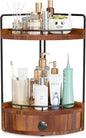 2-Tier Corner Bathroom Counter Organizer with Drawer & Embedded Screw Holes - Wooden Countertop Organizers for Skincare, Makeup Storage, Bathroom Sink Counter Shelf for Vanity, Acacia Wood-Brown