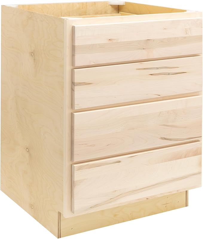 Quicklock RTA (Ready-to-Assemble) | Base Kitchen Cabinets - Shaker Style | Made in America (Raw Maple, 24" Wx34.5 Hx24 D 4 Drawer)