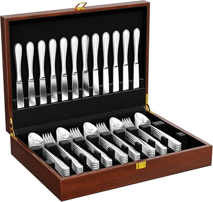 Solid Walnut Silverware Storage Box,Silverware Chest Case with Black Felt Lined,Wood Flatware Storage Box for 12 sets of Utensils,Silverware Chest without Silverware,Silverware Organizer with Lid