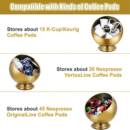 ELLDOO Coffee Pod Holder, Gold Metal Coffee Pod Storage for K Cup Nespresso Vertuo Keurig, Creamer Organizer Candy Bowl Fruit Snacks Jar for Countertop Kitchen Breakroom