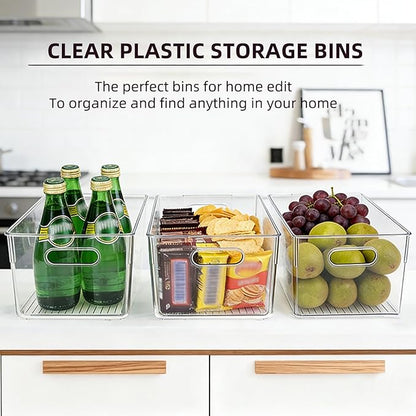 6 Pack Thick Clear Stackable Storage Bins, Cabinet Organizer, Plastiic Containers with Handle for Kitchens, Bathrooms and Fridge and Desktop