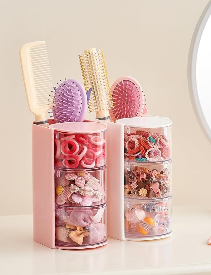 UFORU Hair Accessories Organizer with Hair Brush Holder, 3 Drawer Rotatable Hair Tie Organizer for Makeup Brushes, Hair Clips, Earrings, Necklaces, Bracelets and Hair Accessories, White, 3-Layer