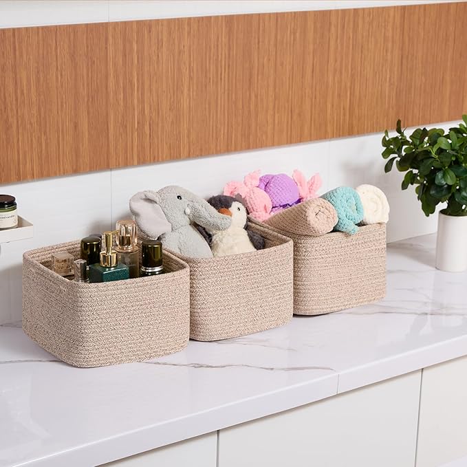 MiniArk Small Organizing Baskets for Cubes Shelf, 9.7x9.7x7.1 Inch Rope Woven Storage Bins for Nursery Shelves Storage, Cute Toy Basket, Square 3 Packs Mixed Brown