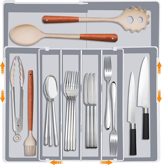 Homecor Silverware Drawer Organizer for Kitchen - Adjustable Utensil Holder Drawer Organizer, BPA Free Flatware and Cutlery Tray, Expandable Plastic Storage for Spoons Forks Knives, Grey