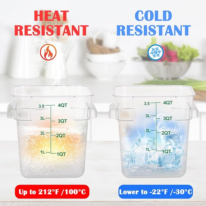 4 Pack 4QT Food Storage Containers with Green Lids, Clear Square Restaurant Commercial Food Storage Containers with Handle and Scale, Marinating Container Dough Rising Bucket for Home & Dining
