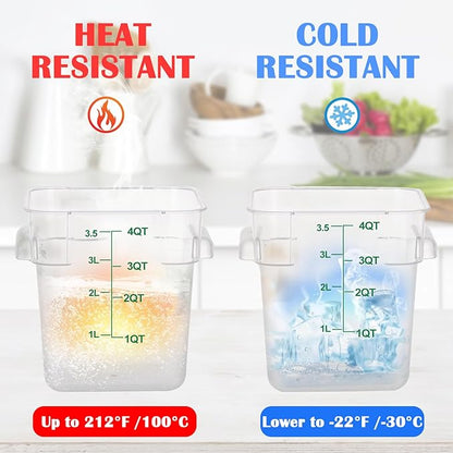 4 Pack 4QT Food Storage Containers with Green Lids, Clear Square Restaurant Commercial Food Storage Containers with Handle and Scale, Marinating Container Dough Rising Bucket for Home & Dining