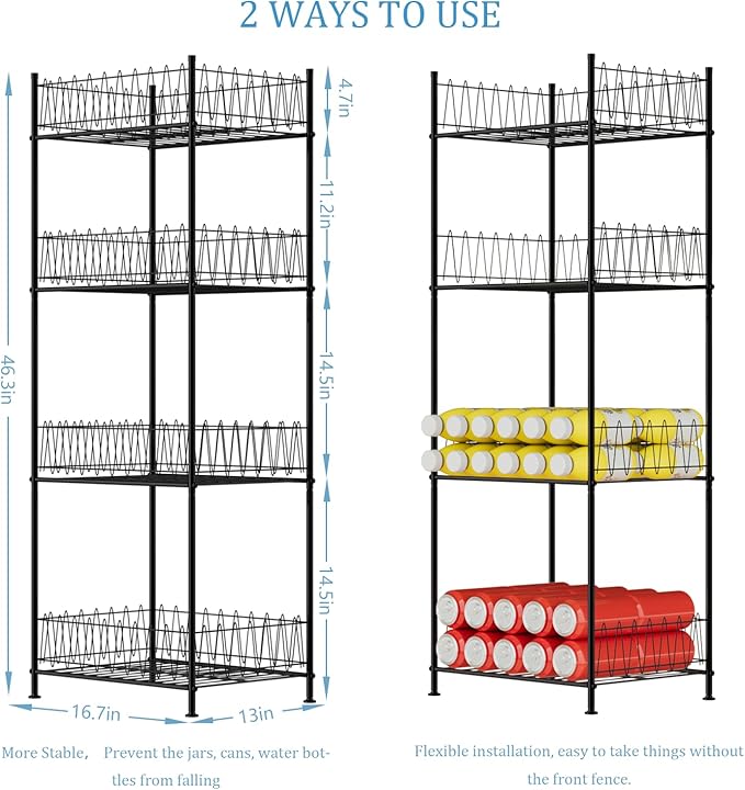 smusei Water Bottle Organizer Rack 4 Tier Free Standing Bottled Water Storage Organizer for Floor, Metal Beverage Soda Can Dispenser Shelf Holder Stand for Kitchen Pantry Office, Black