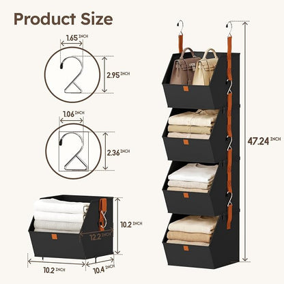 Homsorout Hanging Closet Organizer 4 Tier - Clothes Hanging Shelves, Space-Saving Closet System, Fabric Storage Bins Bedroom Organization, Collapsible Baskets for Home, Dorm, Rv, Black