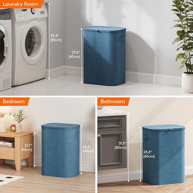 Lifewit 85L Large Laundry Basket with Lid, Laundry Hamper with Plastic Handles and Removable Bag, Foldable Tall Dirty Clothes Hampers for Laundry for Laundry Room, Bedroom, Bathroom, Dorm, Dark Blue