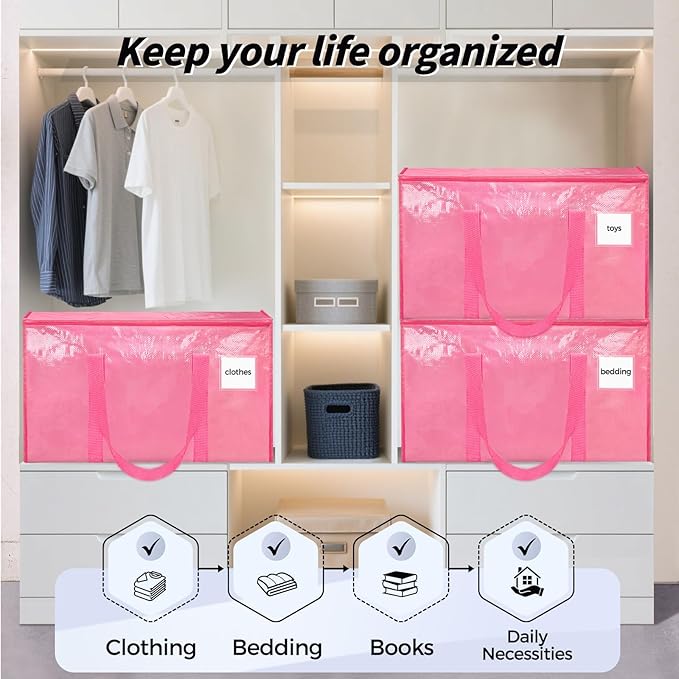 8 Pack Extra Large Heavy Duty Moving Bags, Pink Storage Bins with Lids, Reinforced Handles & Heavy-Duty Zippers Moving Boxes Storage Bags Totes for Clothes Packing, Dorms, College Supplies, Pink