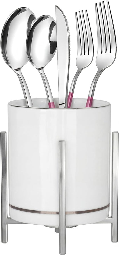 Farmhouse Flatware Holder for Dinner Table, Kitchen Holder for Serving Utensils, Decorative Cutlery Utensil Holder for Kitchen or Parties, Cup with Silver Trim, 1 Pcs