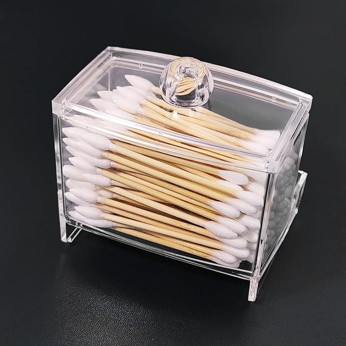 Clear Acrylic Qtip Holder Dispenser, Apothecary Jar for Cotton Swab, Ball & Floss Picks, Small Bathroom Countertop Organizer and Storage, Modern Vanity Decor