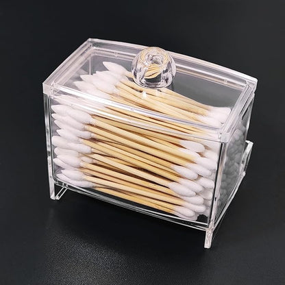 Clear Acrylic Qtip Holder Dispenser, Apothecary Jar for Cotton Swab, Ball & Floss Picks, Small Bathroom Countertop Organizer and Storage, Modern Vanity Decor