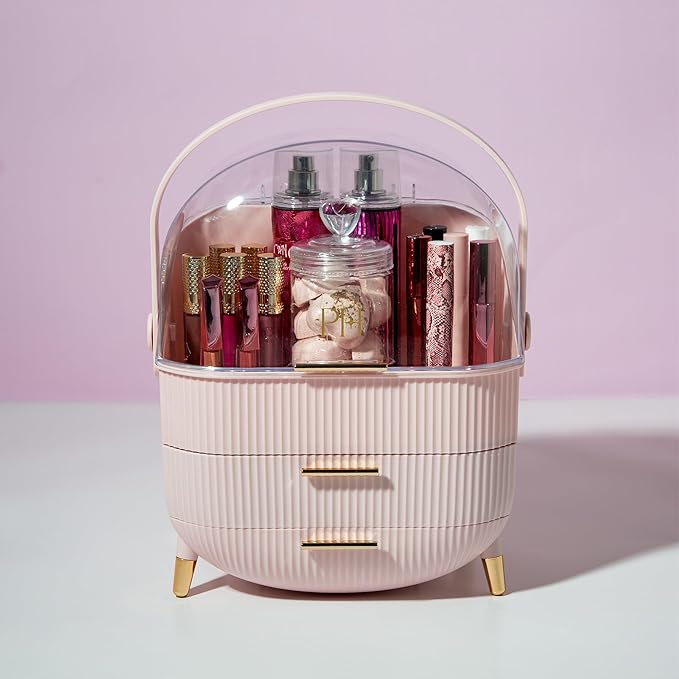 Paris Hilton Makeup Storage Organizer with Lid, Cosmetics and Skincare Organizer for Vanity, Portable Makeup Storage Box for Countertop, Fluted Design with Gold Accents, Pink
