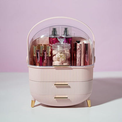 Paris Hilton Makeup Storage Organizer with Lid, Cosmetics and Skincare Organizer for Vanity, Portable Makeup Storage Box for Countertop, Fluted Design with Gold Accents, Pink