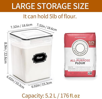 HKJ Chef 4 Pack Large Airtight Food Storage Containers with Lids (5.2L / 176oz), BPA Free Plastic Kitchen and Pantry Organization Contianers for Cereal Flour and Sugar Storage, Labels & Marker