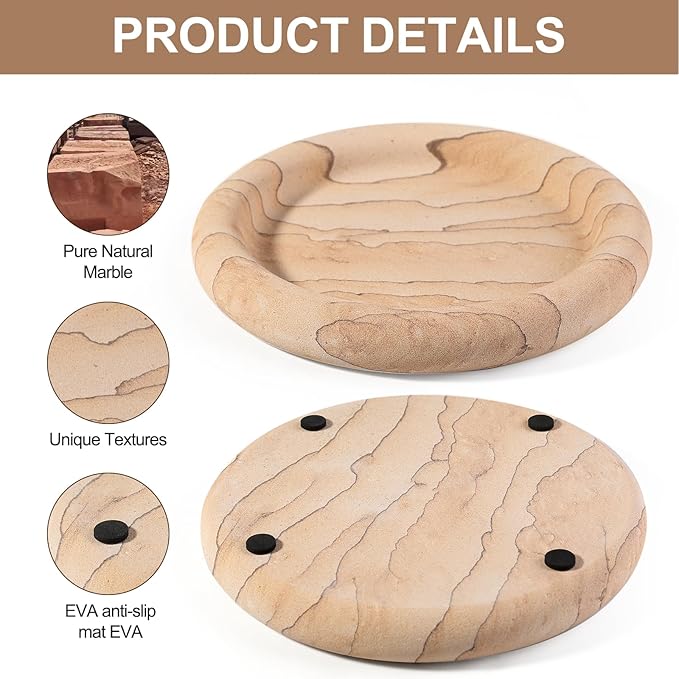 Real Natural Marble Tray, Marble Round Decorative Vanity Tray for Bathroom Countertop, Kitchen Counter, or Catchall, Coffee Table Tray for Jewelry (Vein Sandstone)