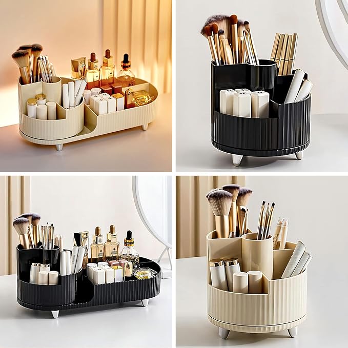 DASITON Large Capacity Makeup Brush Holder,360° Rotating Makeup Organizer,5 Slot Makeup Brushes Cup,for Vanity Decor,Bathroom Countertops,Desk Storage Container,Cosmetic Display cases(Cream-S)