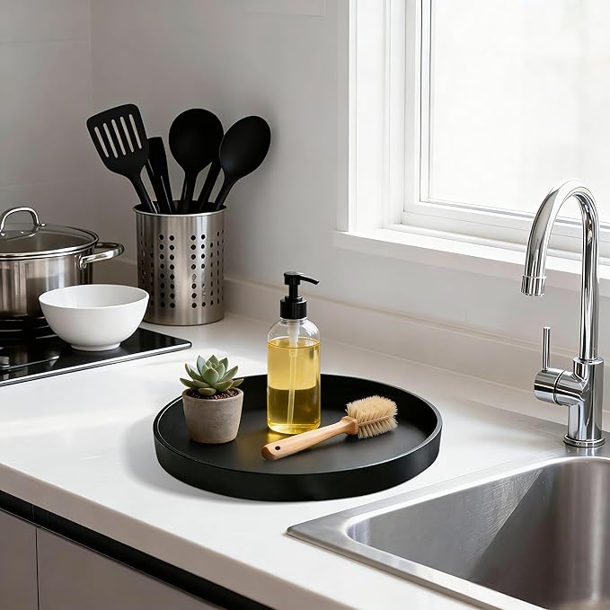 Bathroom Vanity Tray, 1 Pack 9" ABS Black Round Vanity Trays for Bathroom Counter, Dresser Decor Trays for Perfume, Candles, Keys, Kitchen Countertop Organizer, Decorative Tray Soap Holder