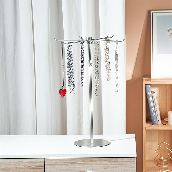 Rotating Keychain Display Stand - Height-adjustable Brushed Silver Metal Jewelry Organizer - Long Necklace Display Stand with 6 Hook - Scratch-resistant Display Racks for Craft Shows