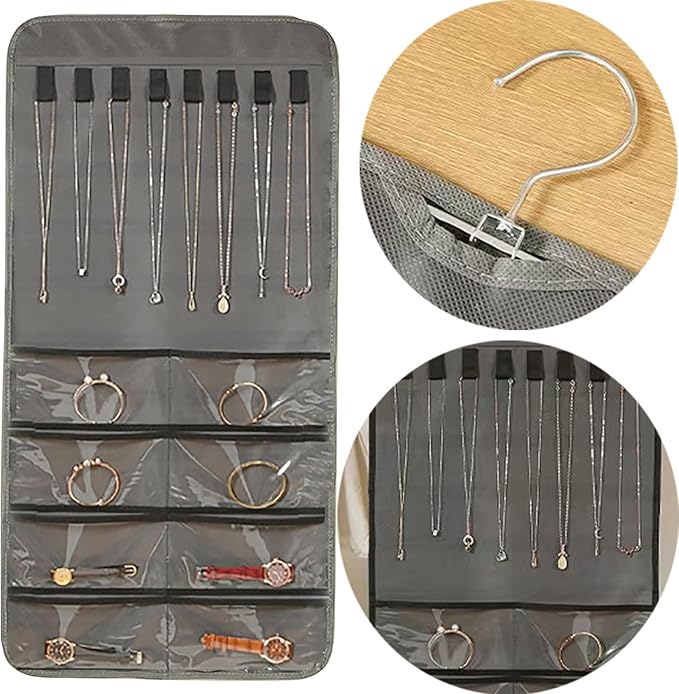 2 Pack Dual-Sided Hanging Jewelry Organizer with 128 Pockets & 8 Necklace Hooks, Wall Closet Door Jewelry Holder for Earrings, Bracelets, Necklaces Display Storage