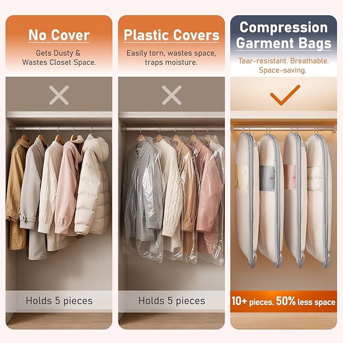 DIMJ Garment Bags for Hanging Clothes 10" Gusseted, Space Saving Compression Suit Bag Travel with Handles Window, Washable Carry Clothing Storage Cover for Dress, Coats, Jacket, Shirts,43" 2 Pack