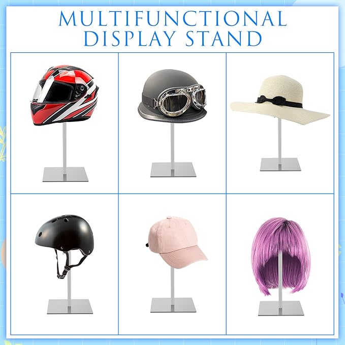 Sintuff 4 Pcs Hat Display Stand:adjustable 7.9-15.7inch Wigs Head Holder Stand Non Slip Stainless Steel Metal Rack for Multiple Hats Wig Storage Styling Practice(Silver,Square Base)