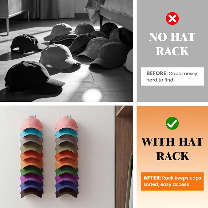 YOUDENOVA Hat Organizer for Baseball Caps, 2 Pack Hat Rack for Wall Hold up to 40 Hats, Adhesive Hat Storage Display for Wall and Closet Doors, White