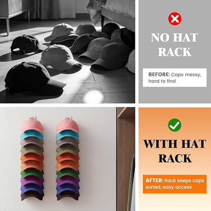 YOUDENOVA Hat Organizer for Baseball Caps, 2 Pack Hat Rack for Wall Hold up to 40 Hats, Adhesive Hat Storage Display for Wall and Closet Doors, White