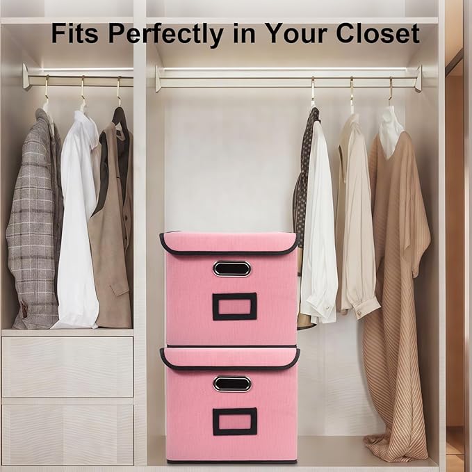 File Storage Box with Lid, 15.55x12.87x10.43 Inches, Foldable Organizer with Handles & Label Slot, for File Storage, Home, Office, and Closet Organization(Pink)