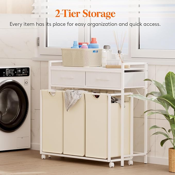 Lifewit Laundry Hamper 3 Section, Large Rolling Laundry Sorter with Shelf & 2 Drawers, Pull-Out Laundry Basket Organizer with Wheels and Removable Bag for Laundry Room Bathroom, White and Beige