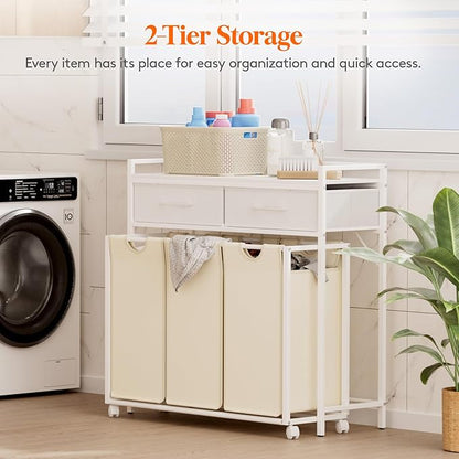 Lifewit Laundry Hamper 3 Section, Large Rolling Laundry Sorter with Shelf & 2 Drawers, Pull-Out Laundry Basket Organizer with Wheels and Removable Bag for Laundry Room Bathroom, White and Beige
