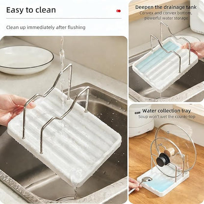 Pot lid Holder And Spoon Rest, 2 Layers Lid And Spoon Rest Pot Lid Organizer With Drip Tray, Multifunction Kitchen Gadget Rack For Cooking (White)