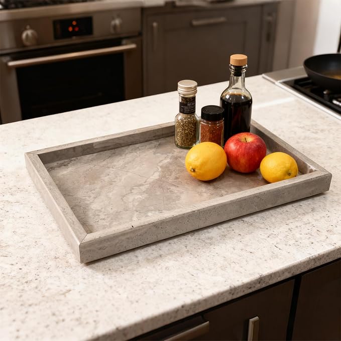 Pure Natural Marble Tray for Bathroom, Dresser, Sink. Cosmetics, toiletries, perfumes, Jewelry, Candles, etc. can be Placed (Floral Wood Grain, 12" x 8" x 1.2")