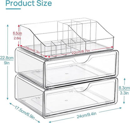 Vtopmart 3 Tier Clear Makeup Organizer with Drawer, Cosmetic Storage for Dresser Countertop and Bathroom Vanity, Beauty Holder for Lipstick Brush Skincare