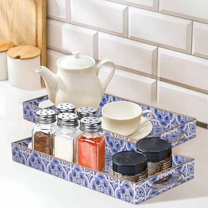 MAONAME Blue Vanity Tray Set of 2, Plastic Decorative Trays with Handles, Small Moroccan Bathroom Trays for Toilet Tank, Dresser Counter, 13.8" X 6" X 1.57"