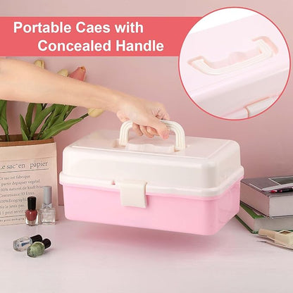 Hipiwe Plastic Hair Accessories Organizer Three-layer Folding Craft Organizer with Dividers Home Utility Case with Handle for Hair Tool Nail Art Tool Makeup, Pink