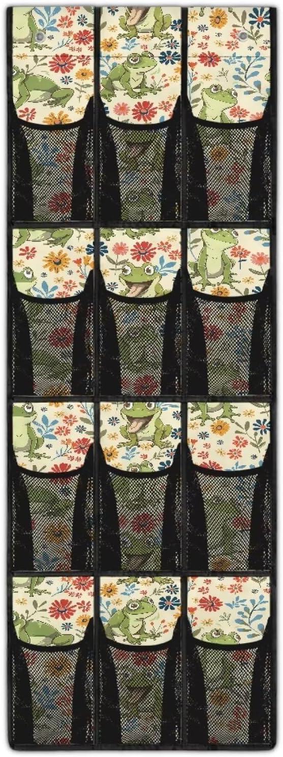 Frog Floral Over the Door Shoe Organizer,Hanging Storage Bags with 12 Mesh Large Pockets,Hanging Shoe Storage Hanging Bag