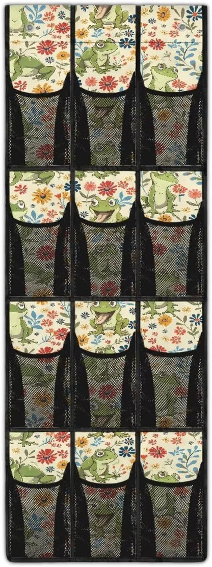 Frog Floral Over the Door Shoe Organizer,Hanging Storage Bags with 12 Mesh Large Pockets,Hanging Shoe Storage Hanging Bag