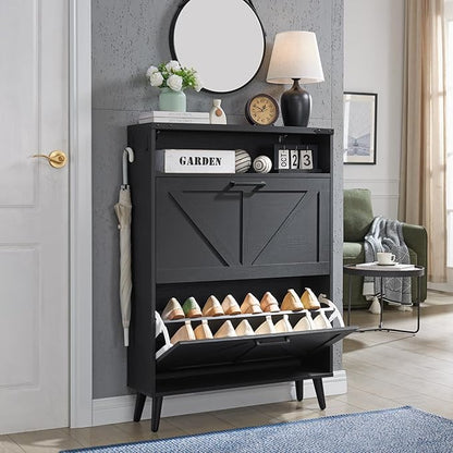 Barnyatoh Shoe Storage Cabinet, Farmhouse Shoe Organizer with 2 Flip Drawers & Barn Door,Freestanding Hidden Slim Narrow Shoe Rack Cabinet with Open Storage for Entryway, Foyer, Black