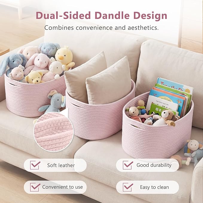 ECDYQXVU Cotton Rope Storage Basket, 15x10x9 Inches, Woven Basket for Shelves, Clothes, Towels, Books, and Laundry, Light Pink (3 Pack)