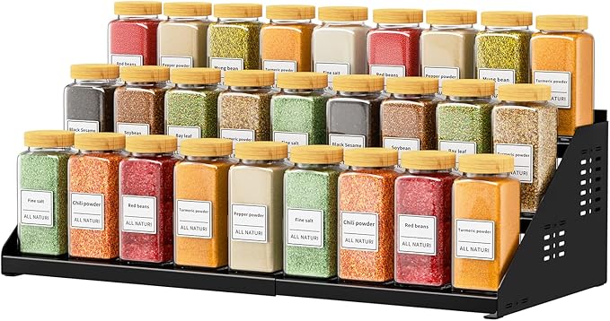 RCHYFEED Spice Rack Organizer for Cabinet, 3 Tier Spice Rack Expandable(13.4"-21.8"), Height Adjustable Spice Organization Shelf Metal Display Shelf, Spice Organization for Cabinet Countertop Pantry