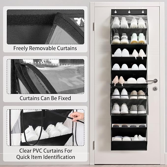 WERNNSAI Over the Door Shoe Organizer with Clear Curtain Dustproof, 9-Shelf Shoe Rack, Deep Pockets Large Hanging Shoes Rack for Closet Door Dorm Bedroom Guest Room Black