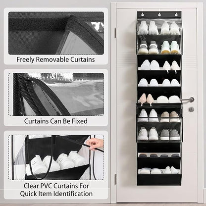 WERNNSAI Over the Door Shoe Organizer with Clear Curtain Dustproof, 9-Shelf Shoe Rack, Deep Pockets Large Hanging Shoes Rack for Closet Door Dorm Bedroom Guest Room Black