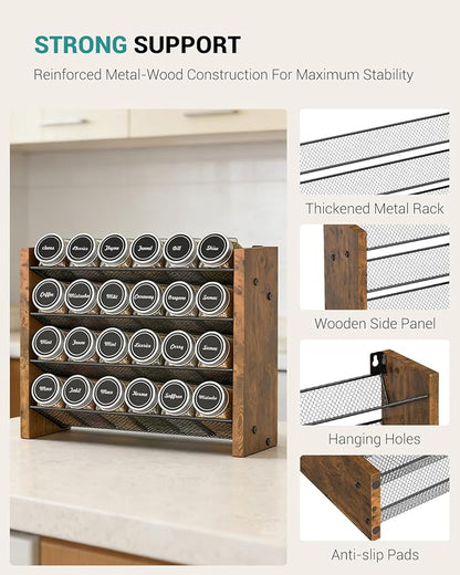 NESAPTO Spice Rack Organizer with 24 Glass Spice Jars, Wood 4-Tier Seasoning Organizer with Labels for Cabinet, Pantry, Countertop or Wall Mount, Chalk Marker and Funnel Set, 12.2" W × 9.4" H