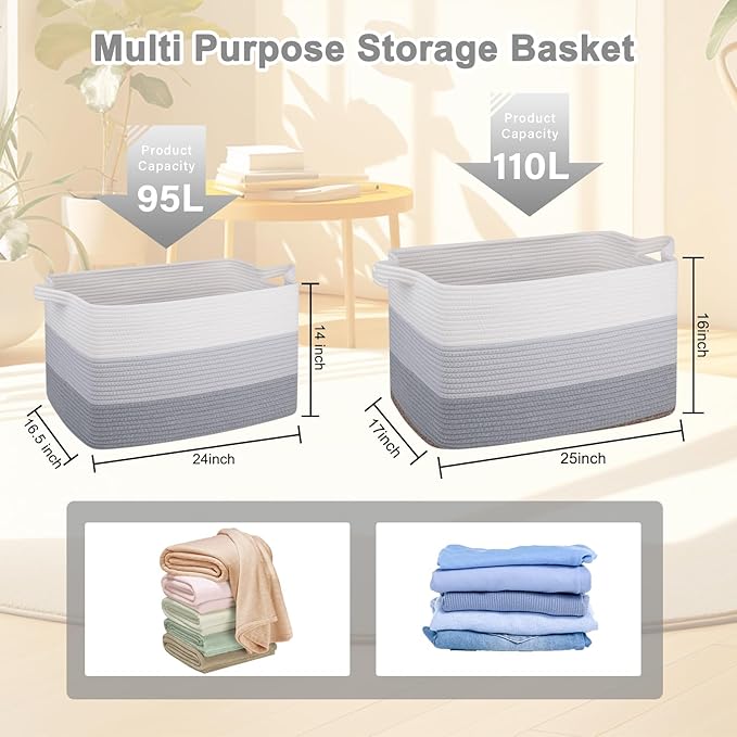 OIAHOMY Extra Large Blanket Basket, 110L Cotton Rope Woven Laundry Basket, Toy Bin for Baby Room, Container for Blanket Storage in Living Room, 24.8''×17.3''×15.8'', Gradient Grey