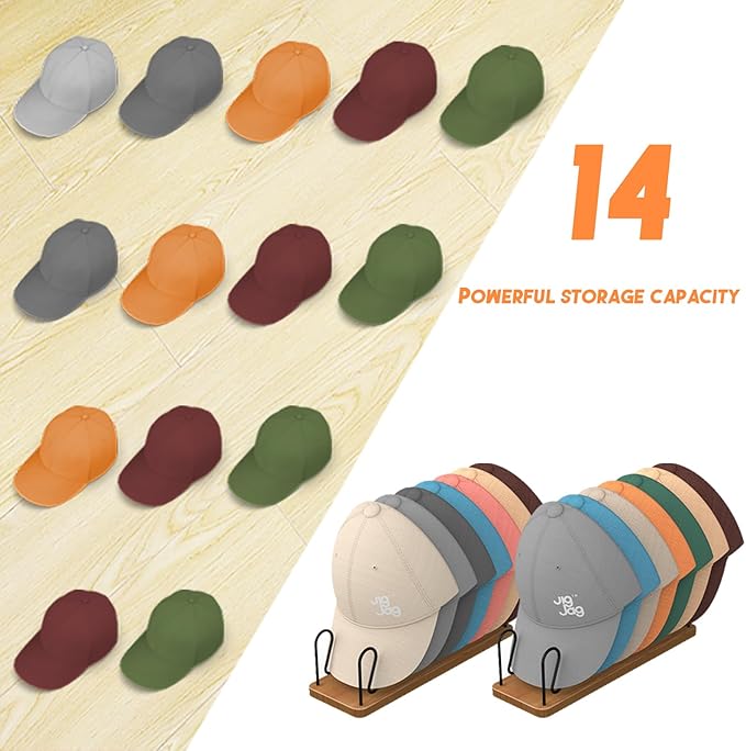 Hat Organizer for Baseball Caps 2 Pack, Premium Wood and Metal Design Hat Storage for Baseball Caps for 14Caps, Tabletop Hat Racks for Closet, Dresser, Entrance (2PCS, Walnut Color)