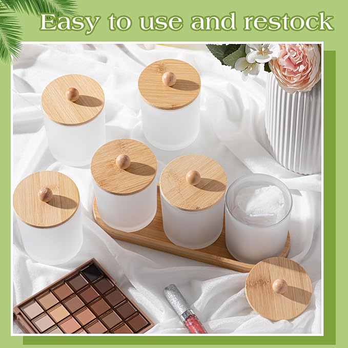 Chengu 6 Pack Cotton Swab Holder with Bamboo Lids and Trays and Labels Glass Round Swab Dispenser Cotton Ball Holder Glass Apothecary Jars Floss Pick Containers Bathroom Organizers (White)