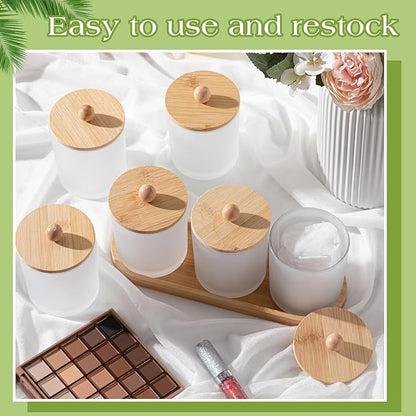 Chengu 6 Pack Cotton Swab Holder with Bamboo Lids and Trays and Labels Glass Round Swab Dispenser Cotton Ball Holder Glass Apothecary Jars Floss Pick Containers Bathroom Organizers (White)